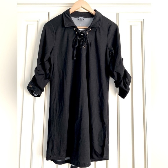 Cal Style Black Lace-Up Knit Shirt Dress V-Neck Roll Tab Long Sleeves Small - Picture 1 of 6